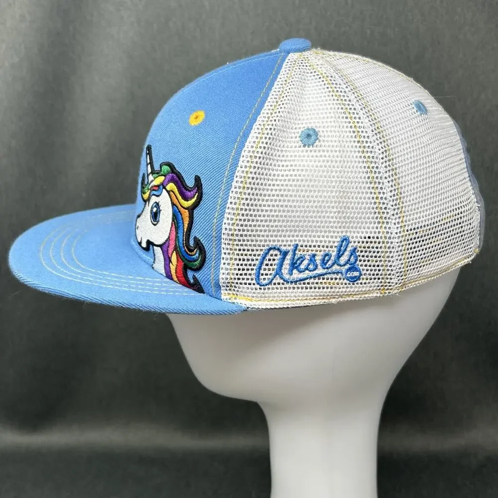 Aksels Unicorn Trucker Hat Snapback Youth OS Flat Bill Light Blue White Mesh Cap